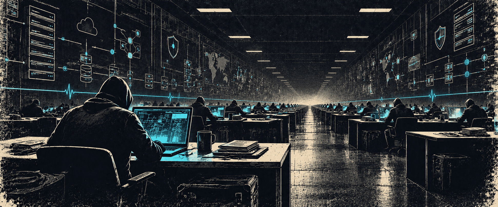 A single auditor at a workbench, repeated into perspective. OWASP-shaped shield on the far wall.