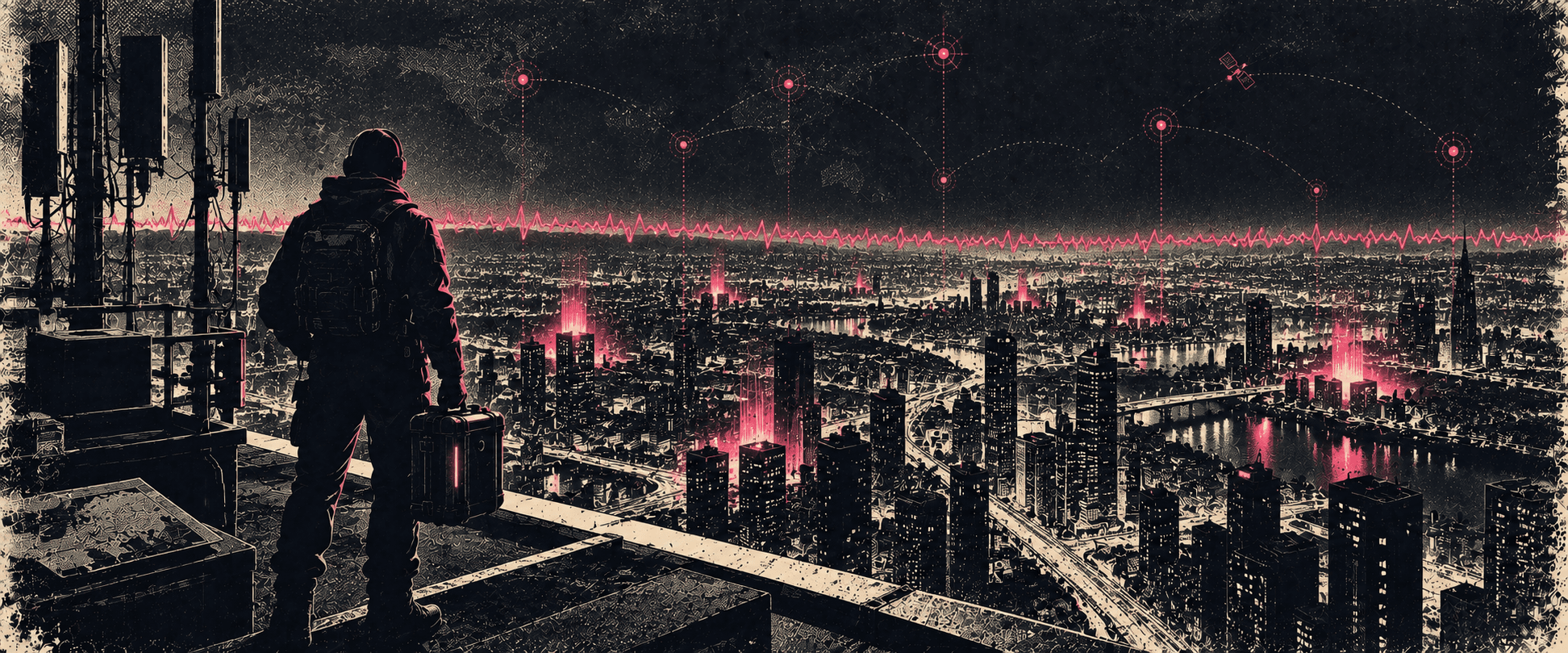 An operative silhouette on a rooftop over a city grid, individual buildings pulsing magenta.