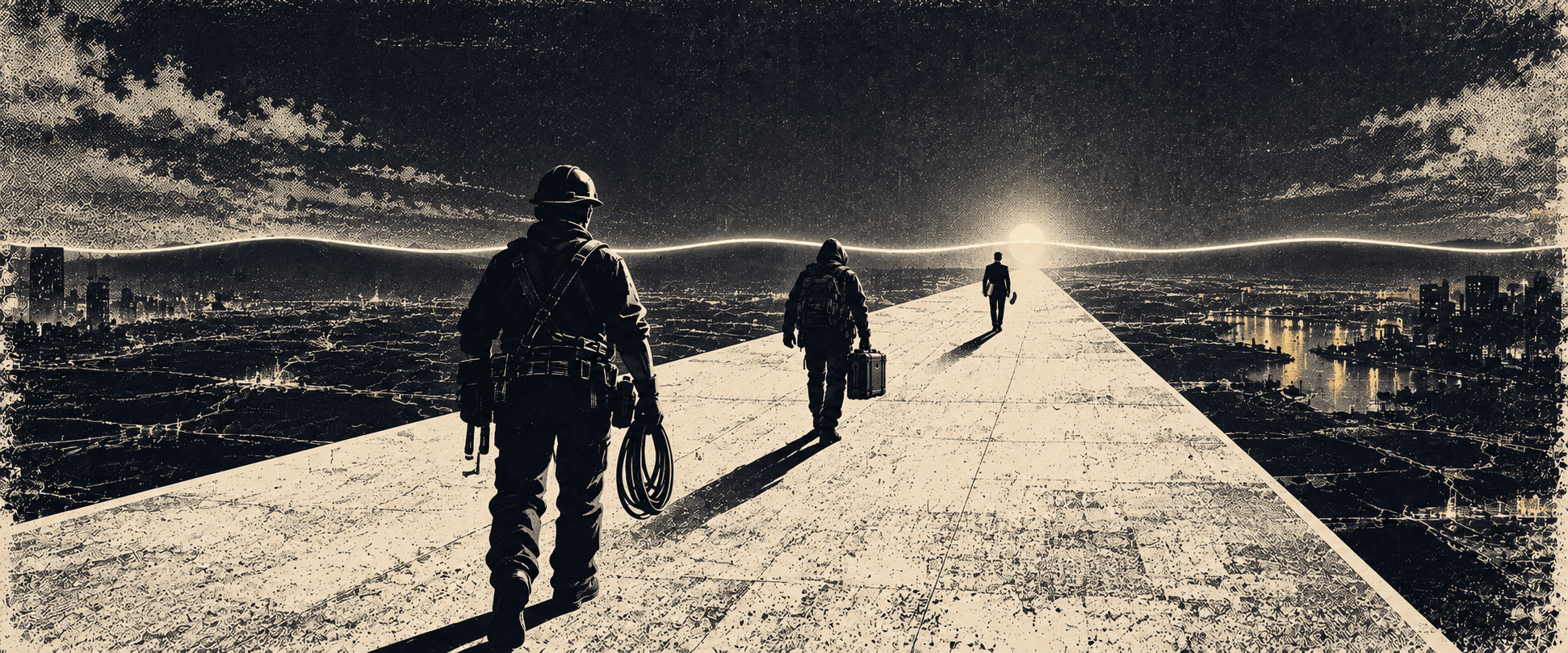 Three silhouettes walking a shared road toward a single glowing horizon endpoint.