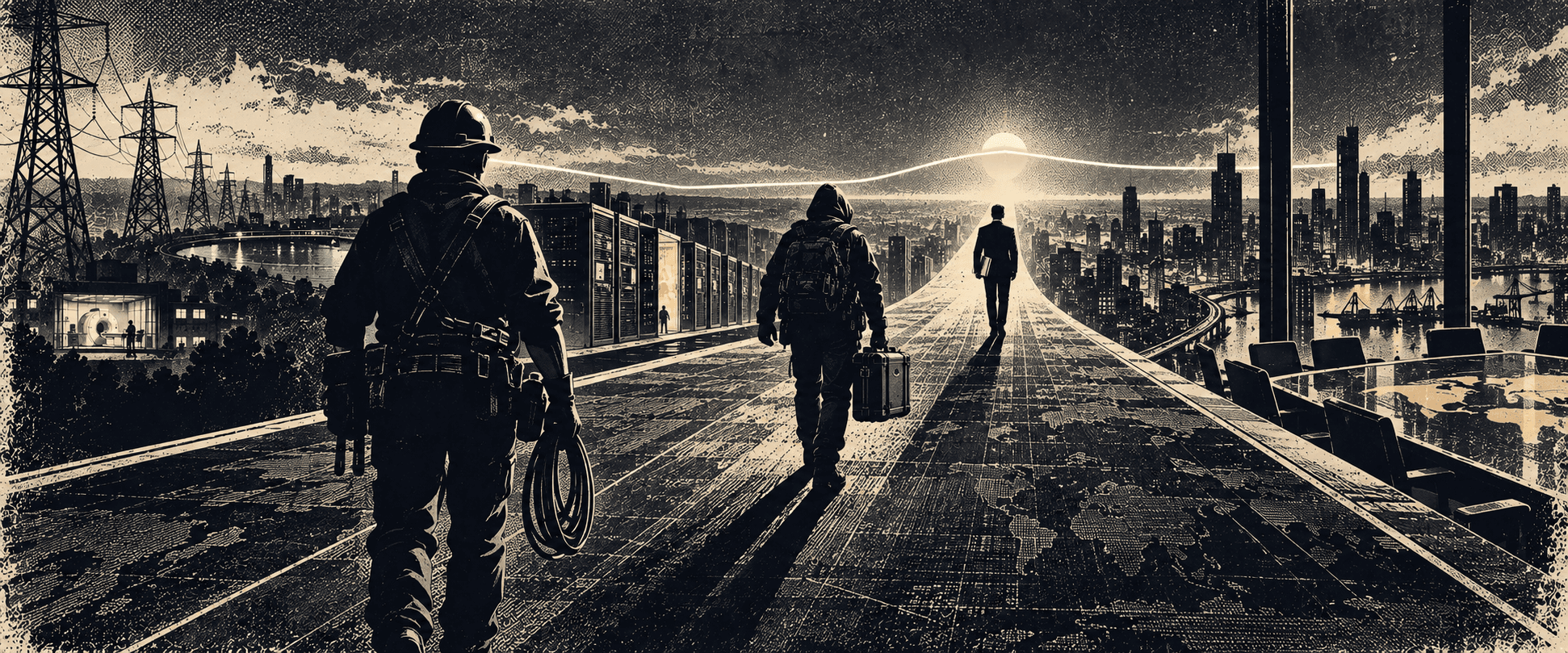 Three silhouettes at three scales on the same road extending to a shared horizon — the three programmes converge on one career path.